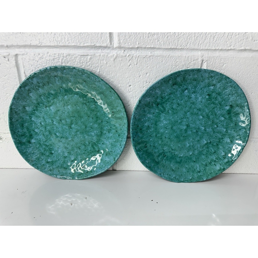 WILLIAMS SONOMA Melamine DRIP REACTION Teal Marbled 11" DINNER PLATES Set of‎ 2